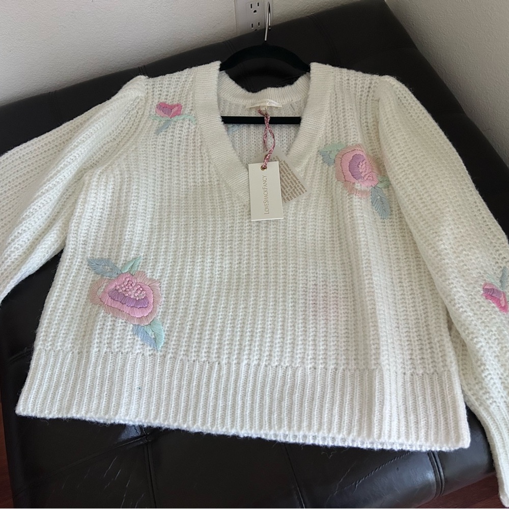 NWT LoveShackFancy Ridge V Neck Floral Embroidery Sweater Pullover M - Picture 14 of 17